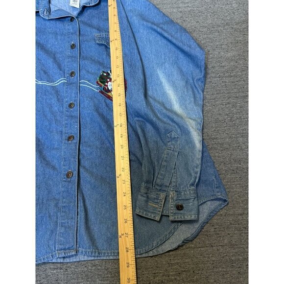 Vintage Christmas Denim Button Down Shirt Embroidered long Sleeve, Size L - Picture 7 of 10